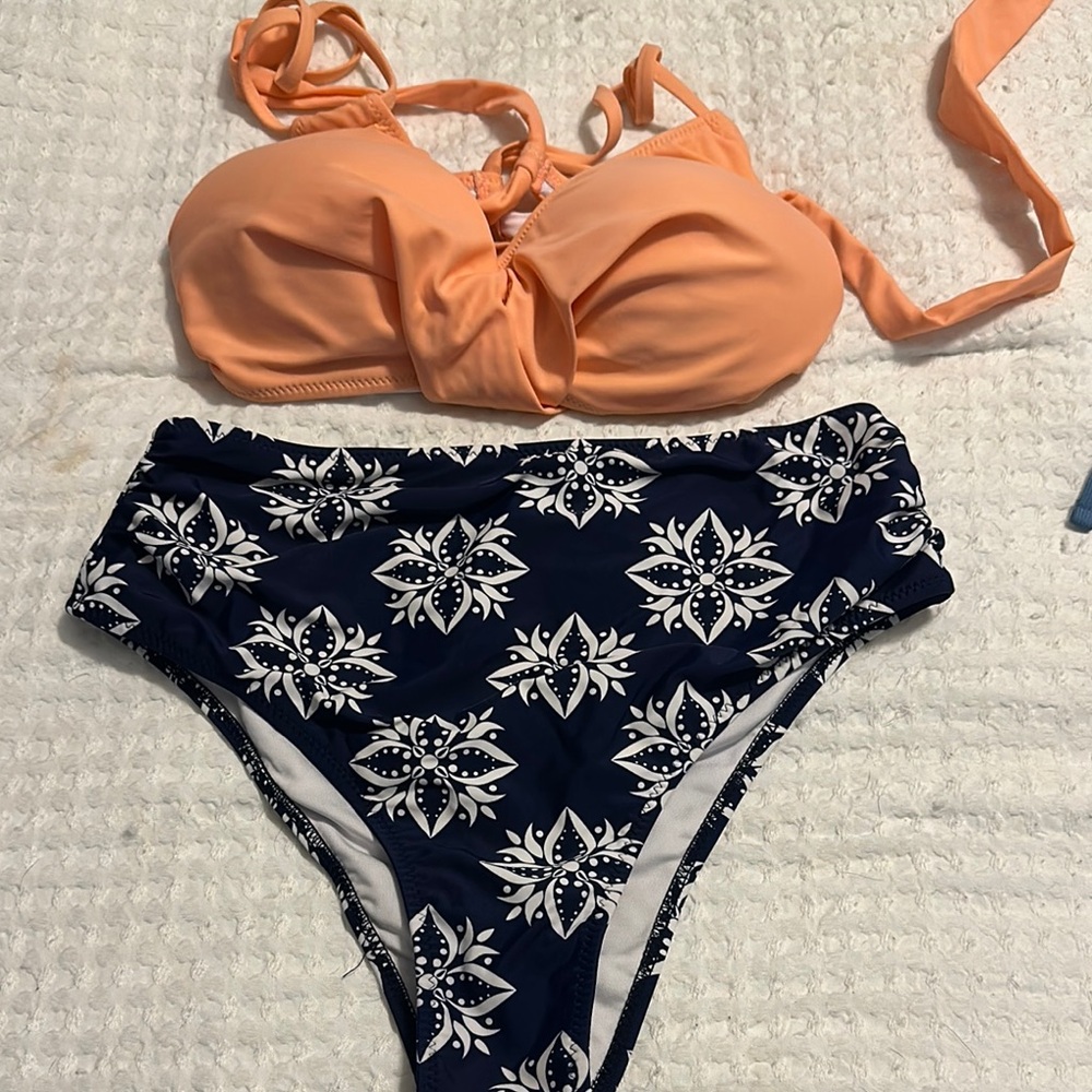 Orange and Navy High-Waisted Bikini Set